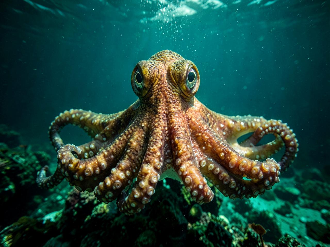 An octopus looking towards the camera underwater